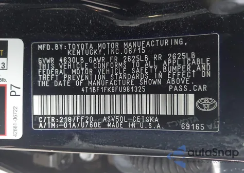 2015 Toyota Camry Se z USA, uszkodzony, nr VIN 4T1BF1FK6FU981325
